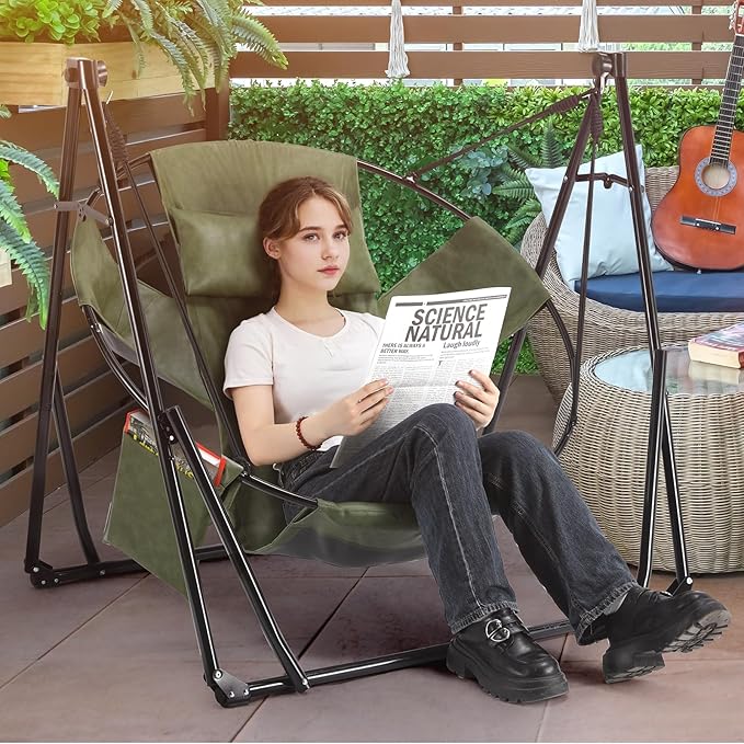 Arlopu 3 in 1 Portable Hammock with Steel Stand,Foldable PU Leather Swing Chair,6-Level Standing Hammocks Included Carrying Bag,Side Pocket,Pillow,for Outside,Indoor,Yard,Garden,Patio,Camping(Green)