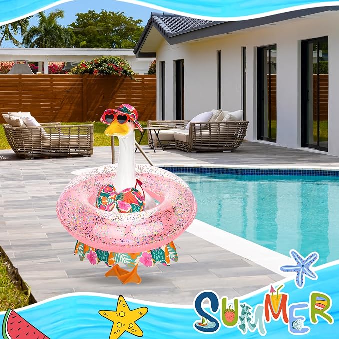 Hawaiian Porch Goose Outfits Summer Bikini Goose Clothes Costume Fits 23" Goose Statue with Hat Sunglasses & Swimming Ring