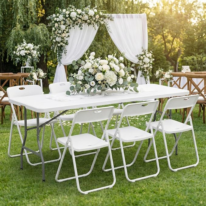 6 FT Heavy Duty Folding Table, Portable Plastic Table with Steel Legs & Carry Handle, Fold-in-Half Design for Indoor Outdoor, Party, Picnic, Camping, Dining (White)