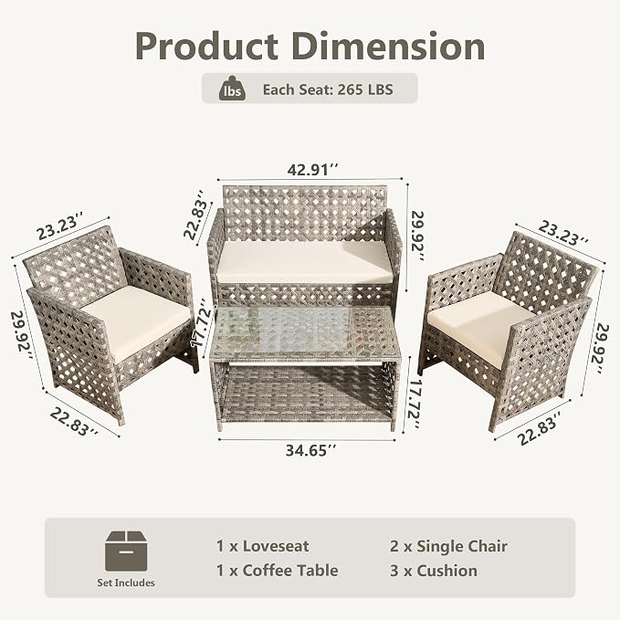 HOOOWOOO 4 Pieces Patio Furniture Set,PE Wicker Outdoor Conversation Sets,Weather Resistant Loveseat with High Back Chairs Table for Porch Balcony Yard Deck,Beige