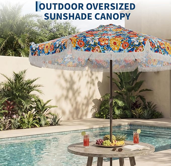 Garvee 10FT Fringe Patio Umbrella with Crank Handle, Push Button Tilt for Sun Shade,8 Fiberglass Ribs,1.5" D Premium Steel Pole, Outdoor Large Tassel Umbrella for Patio Beach Pool Backyard,10' Flower