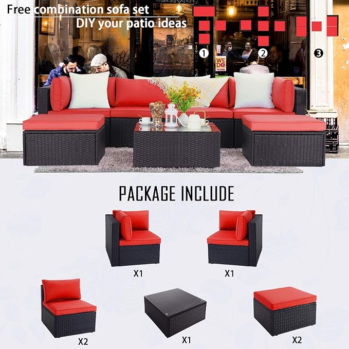 VITESSE 7 Pieces Patio Furniture Sectional Sets, Outdoor All Weather PE Rattan Wicker Lawn Conversation Sets, Garden Sofa Set with Coffee Table and Washable Cushion, 7 Pieces, Red