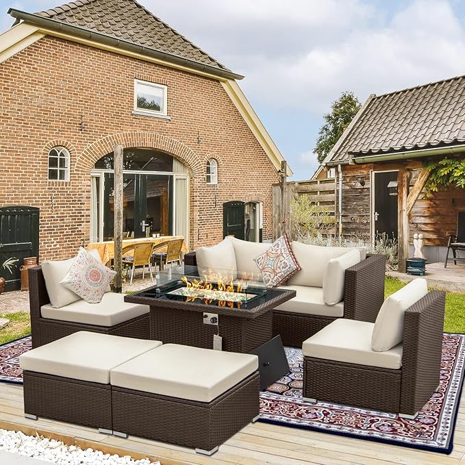 BULEXYARD 7 Piece Highback Patio Furniture Set with Fire Pit Table, Modern Modular Outdoor Sectional Couch Sofa with Ottoman, 6-Person Backyard Seating for Outside, Deck, Brown Wicker & Beige Cushion