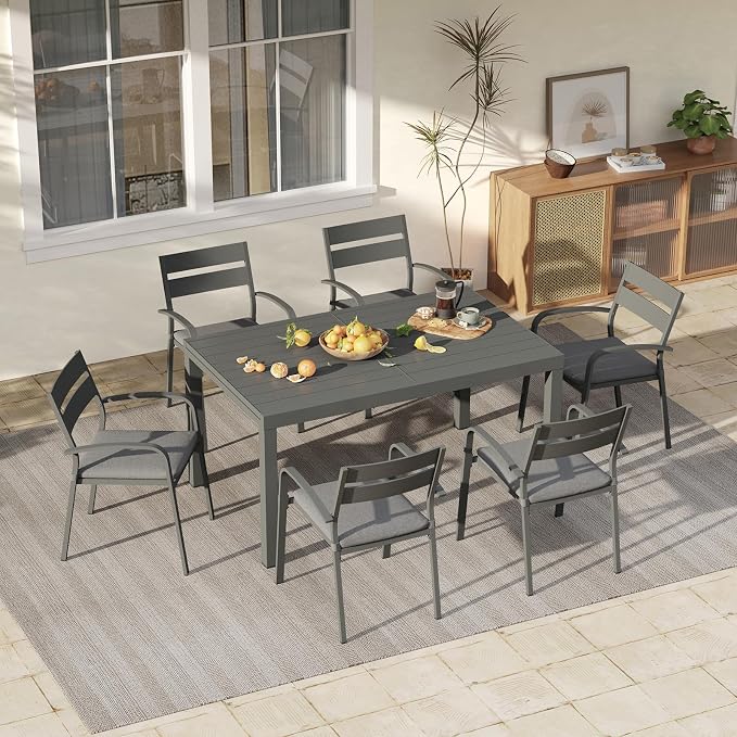 Soleil Jardin 9-Piece Outdoor Patio Dining Set, 59" - 83" Aluminum Expandable Outdoor Dining Table Set for 8, 8 Stackable Chairs with Gray Removable Cushions, Dark-Grey