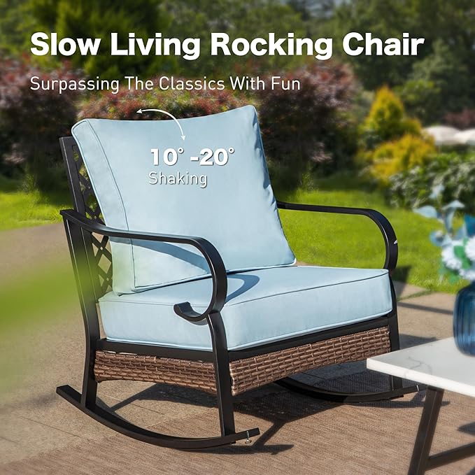 4 Piece Metal Outdoor Patio Furniture Sets, Patio Conversation Sets 1 Loveseat, 2 Rocking Sofa with 5.75" Extra Thick Cushion and Coffee Table, Balck Frame Backyard Furniture, Blue