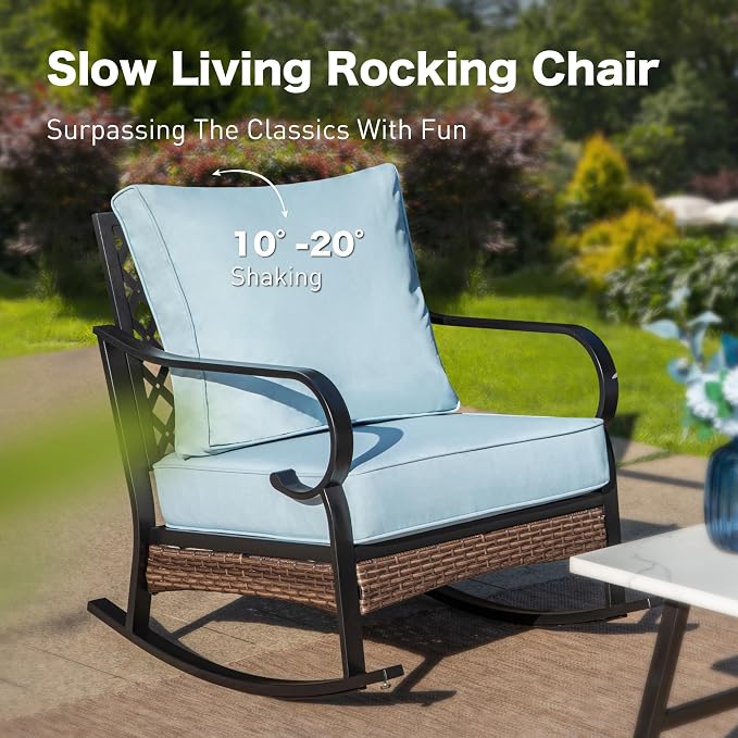 SUNSHINE VALLEY 6 Piece Metal Outdoor Patio Furniture Set, 1 3-Seater & 2 Fixed Sofa, 2 Rocking Sofa with 5.75" Thick Cushion & Coffee Table - Black & Blue