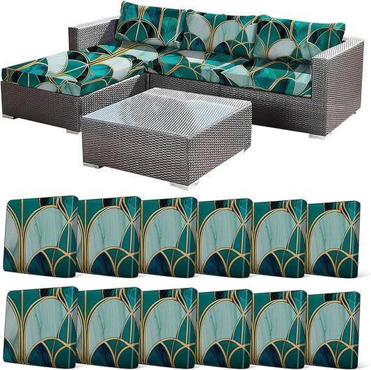 CALBODE 12Pcs Stretch Patio Cushion Cover, Art Deco Geometric Pattern Couch & Sofa Slipcovers for Patio Furniture Cushions Washable Reusable Couch Covers Replacement for All Season(Green, Cover Only)