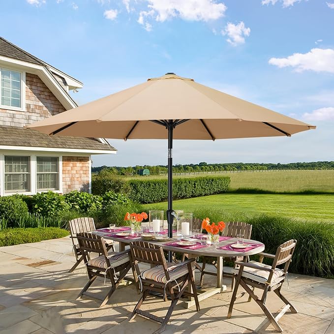 MASTERCANOPY 9FT Patio Umbrella with Push Button Tilt and Crank, Outdoor Market Umbrella with 8 Sturdy Ribs, UV Protection & Waterproof for Garden, Deck, Backyard, Pool (Khaki)