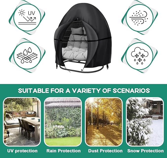 Patio Egg Chair Covers with Zipper, 91x80 Inches, Extra Large Double Cover for Egg Chairr Outdoor Furniture, Heavy Duty Swing Hanging Eggs Chair Cover Waterproof, Anti-UV, Dust-proof Black