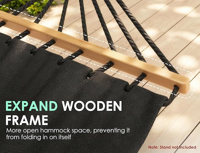 Hammock for Outside, Double Hammocks Without Stand, 2 Person, Spreader Wooden Bar, Side Storage, for Outdoor, Indoor, Patio (Black)