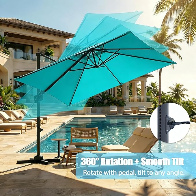 GarveeLife Large Cantilever Patio Umbrella, 10 ft X 10 ft Heavy Duty Aluminum Cantilever Offset Outdoor Umbrella with 360-Degree Rotation for Backyard, Deck, Pool (Turquoise Blue)