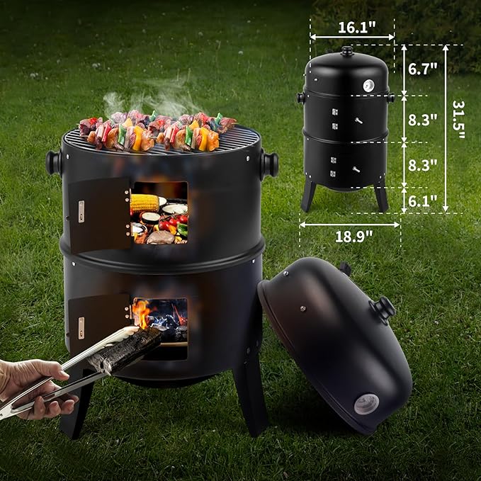31.5" Vertical Steel Charcoal Smoker Grill,Heavy Duty BBQ Grills,Outdoor Camping Backyard Barbecue Grill,Metal Barbecue Smokers,with Thermometer,for Patio Garden Beach Porch Lawn Yard (Black)