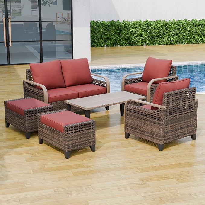Modern Wicker Patio Furniture Set, Rattan Outdoor Conversation Set with Comfortable Cushions, 2 Patio Chairs, 2 Seat Loveseat, 2 Ottomans and Coffee Table, 6 Pieces, Brown/Red