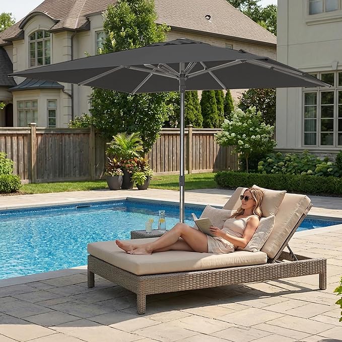 PURPLE LEAF 10 X 10 FT Commercial Square Patio Umbrella Semi Auto Heavy Duty 1.9" Aluminum Pole Wind Resistant Ribs for Restaurant Cafe Outdoor Dining Beach Bar Hotel Pool Resort Garden Deck Grey