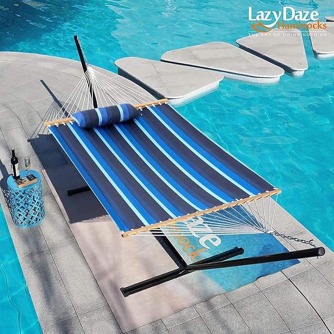 Lazy Daze Hammocks 12 FT Sunbrella Fabric Hammock not Fading with Spreader Bars and Free Pillow Fits for 2 Persons, All Weather and Fade Resistant for Patio Yard, 450 lbs Capacity, Gateway Indigo