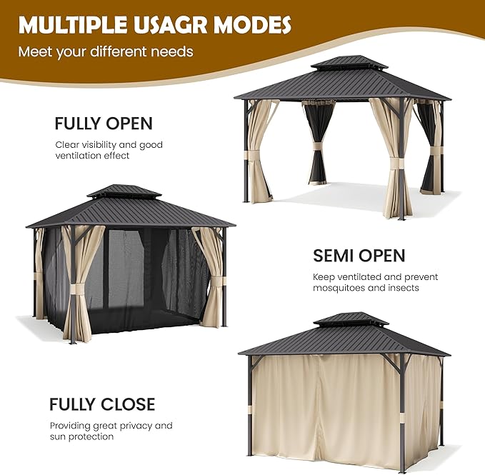 UDPATIO 10'x12' Hardtop Gazebo, Metal Gazebo with Galvanized Steel Double Roof, Permanent Patio Pavilion for Dining Parties, Beige