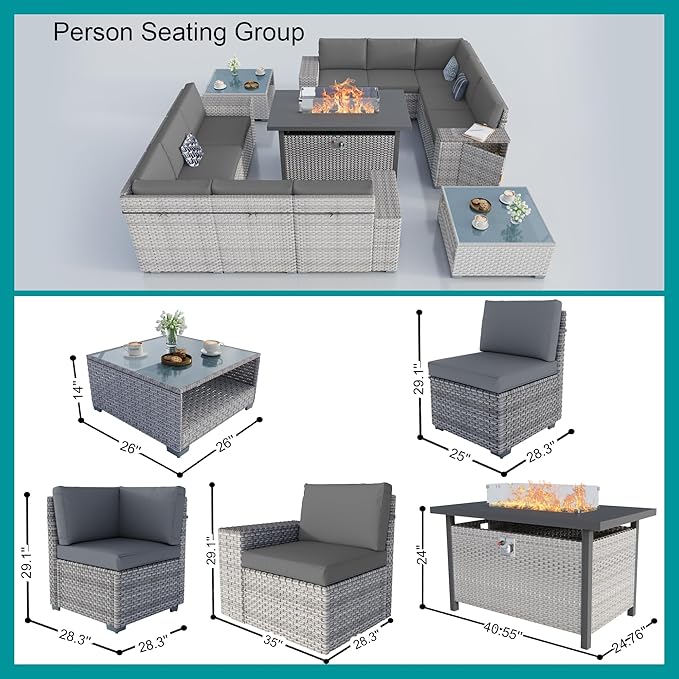 13-Piece Patio Furniture Set, Outdoor Patio Conversation Set with 60,000 BTU Fire Pit Table, PE Rattan Wicker Sectional Sofa with Large Capacity Seats, Widened Armrests, Extra High Backrest, Navy Blue