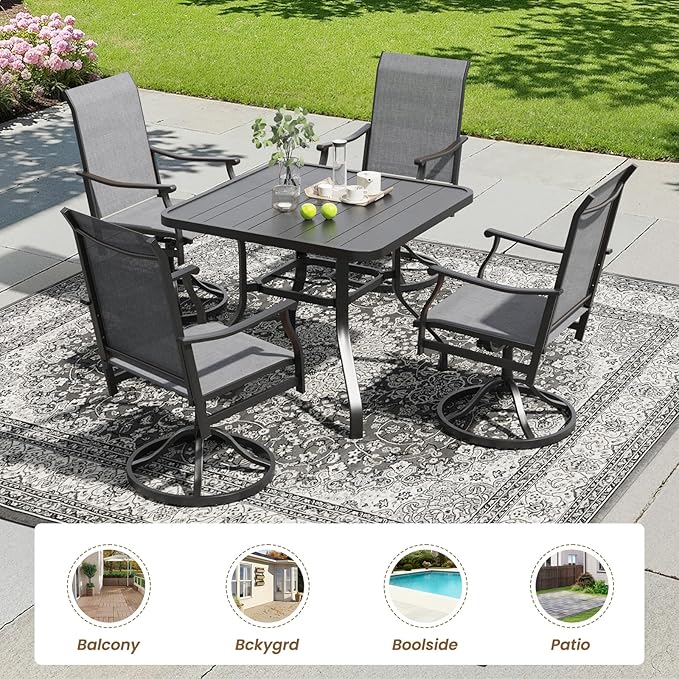 Soohow Outdoor Dining Set for 4, 5-Piece Patio Table and Chairs Set, 4 x Swivel Patio Chairs with Textilene Fabric and 35"x35" Outdoor Dining Table with 1.57" Umbrella Hole for Poolside, Backyard