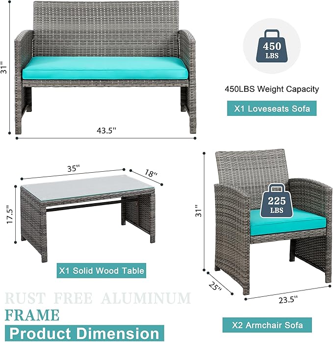 SUNLEI 4-Piece Outdoor Patio Furniture Set, Rattan Chair Wicker Conversation Set, Backyard Porch Garden Poolside Gray Rattan Sofa Set r with Cushion for Outdoor Indoor Use (Sky Blue)