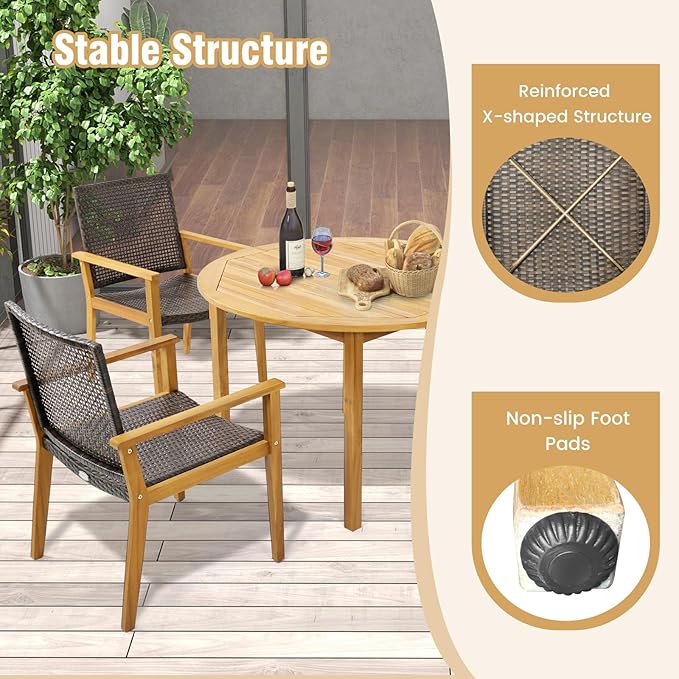 Tangkula 5 Pieces Patio Dining Set, 4 Patio Wicker Armchairs and Round Acacia Wood Dining Table, Outdoor Table and Chairs Set for Backyard, Poolside, Garden