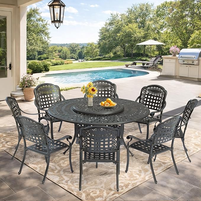 VIVIJASON 9-Piece Outdoor Furniture Dining Set, Rust-Free Cast Aluminum Patio Conversation Set, Include 8 Chairs & 61" Round Dining Table with 31" Lazy Susan, Umbrella Hole for Lawn Garden