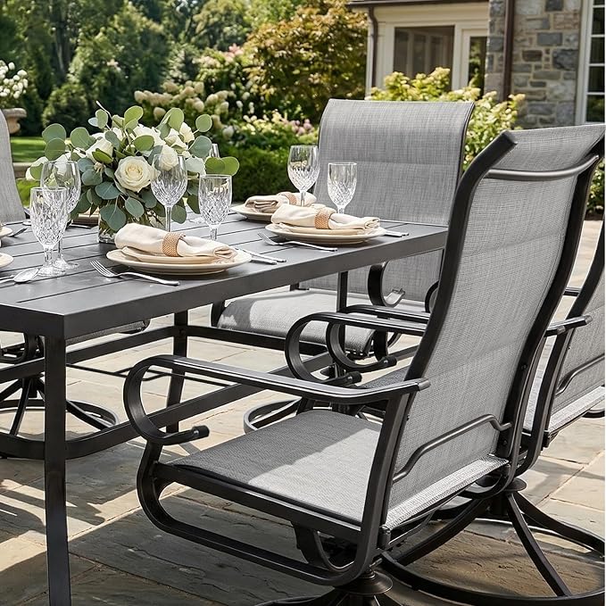 NUU GARDEN 7PCS Outdoor Dining Set with Umbrella Hole, Patio Table and Chair Set, Outdoor Dining Table and Swivel Chairs with High Backrest, All-Weather Padded Textilene Patio Dining Set, Light Gray
