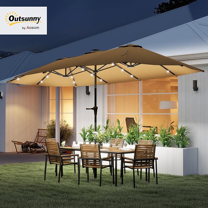 Outsunny 13ft Large Patio Umbrella with Solar Lights, Rectangular Double-Sided Outdoor Market Umbrella with Crank Handle and 48 LED Bulbs for Garden, Pool and Backyard, UPF 30+