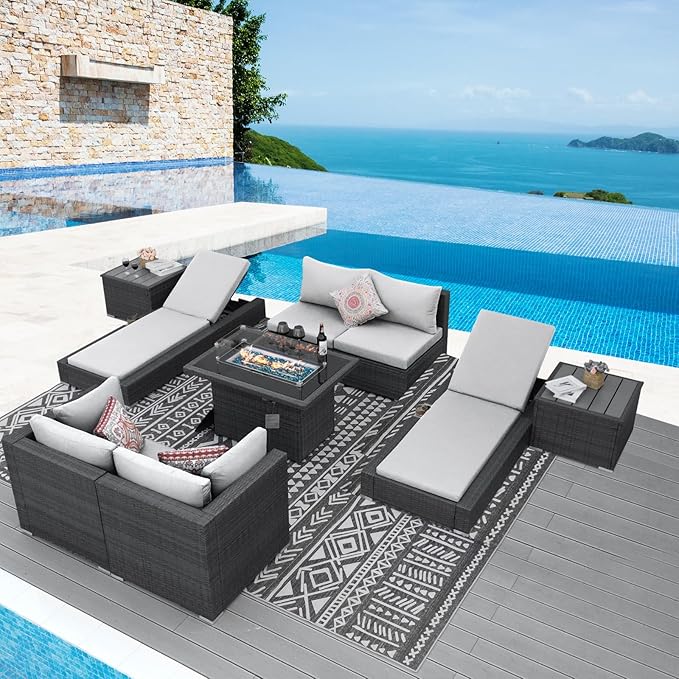 NICESOUL 9 Piece Outdoor Patio Sectional Furniture Sofa Set with Fire Pit Natural Gas/Propane, 29.3'' High Backrest XL Large Conversation, Wide&Deep Seating Comfy Wicker Sectionals with Chaise Lounge