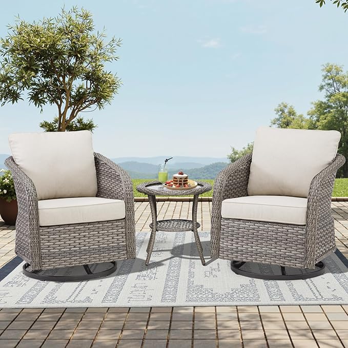 Belord Outdoor Swivel Rocker Patio Chairs - Patio Rocker Chairs Set of 2 with Glass Side Table, High Back Swivel Glider Chair with Deep Seating for Porch Deck Balcony Garden Grey/Beige