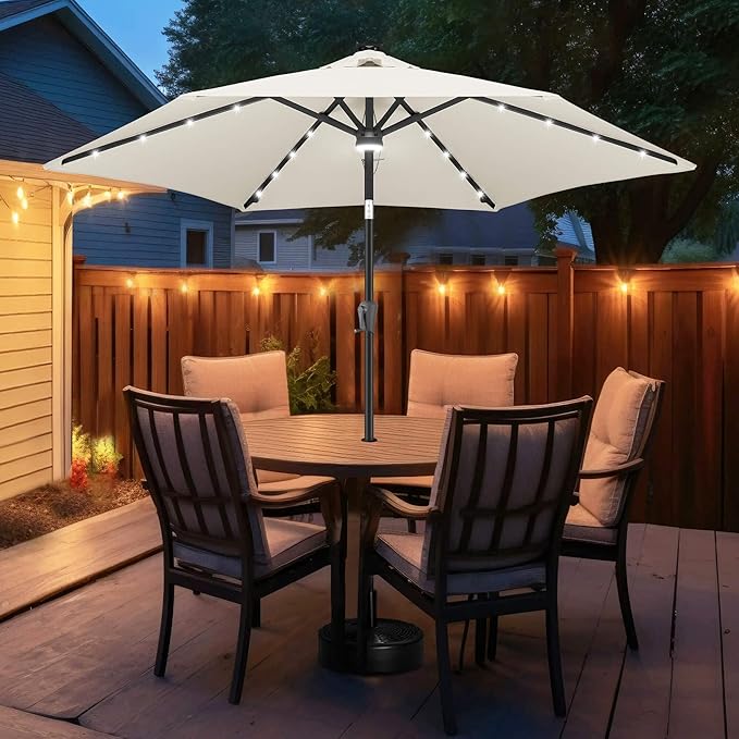 FLAME&SHADE 10ft Solar Outdoor Umbrella - 24 LED Lighted Patio Umbrella with Centre Surround Light, Table Umbrellas with Tilt & Crank for Pool, Porch, Garden, Deck, Backyard UV Protection (Ivory)