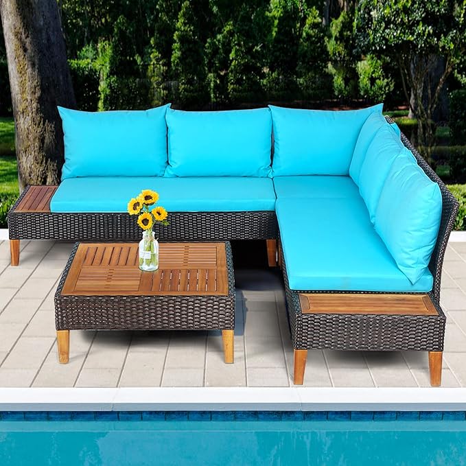 Tangkula 4 Pieces Acacia Wood Patio Conversation Set, Patiojoy Outdoor PE Rattan Sectional Sofa Set with Coffee Table, Corner Sofa & 2 Loveseats, for Backyard Garden Poolside