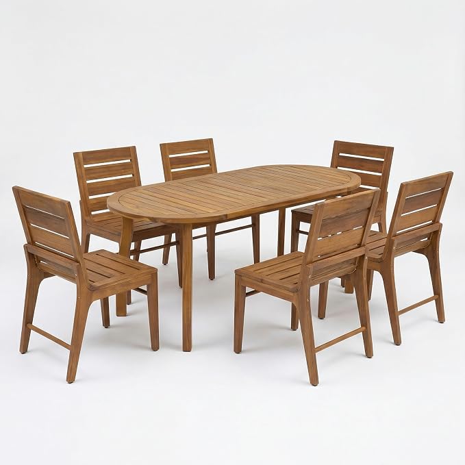 Christopher Knight Home Elva Acacia Wood Dining Table Set for 6, Solid Wood Outdoor Dining Set for 6, Weather Resistant 7 Piece Oval Patio Dining Table and Chair Set with Slatted Design, Teak