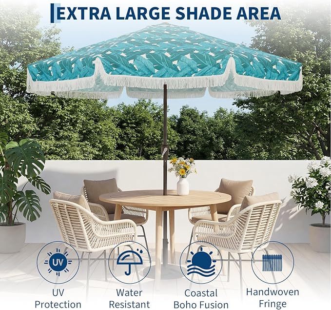 PeakPursuit 9 ft Patio Umbrella with Fringe, Tassel Outdoor Beach Umbrella for Sand with Push Button Tilt, 8 Fiberglass Ribs, UV 50+ Sun Protection for Garden, Pool, Backyard, Deck