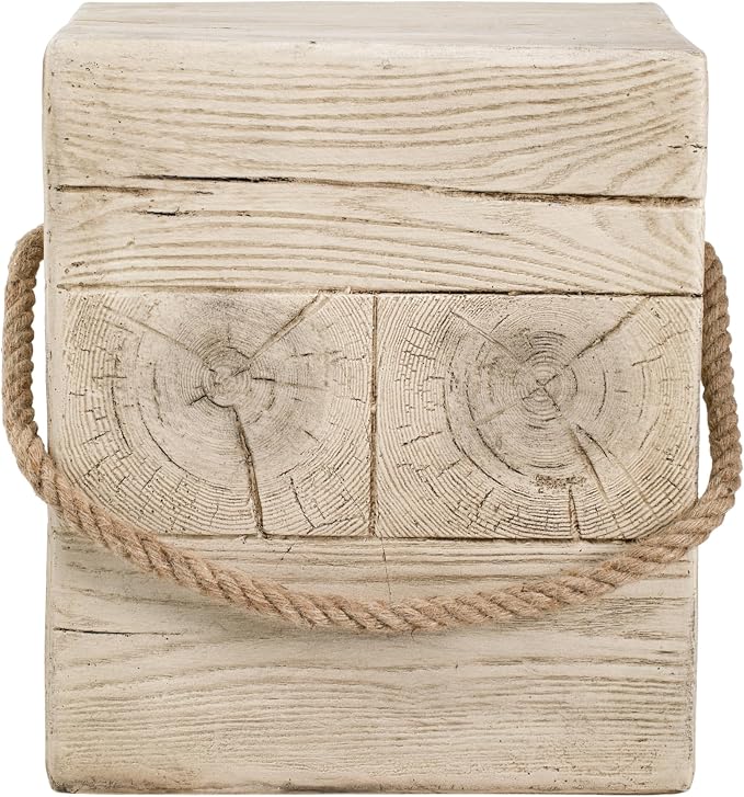 IRONORA Rustic Square Wood-Grain Outdoor Side Table with Rope Handle, Weathered Whitewashed Accent Table, Farmhouse Patio End Table for Backyard Garden