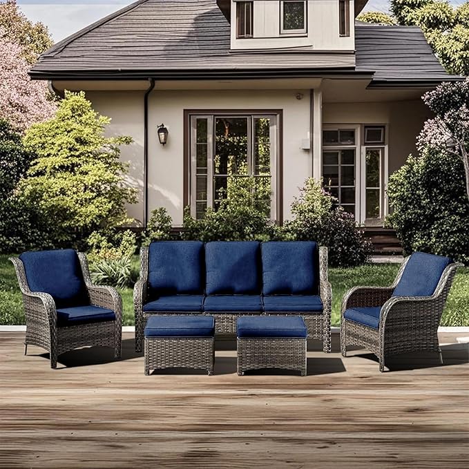 5 Pieces Outdoor Patio Furniture Conversation Set PE Rattan Wicker with a 3-Seater Sofa, 2 Armchairs, 2 Outdoor Ottomans for Yard Backyard (Brown/Navy Blue)