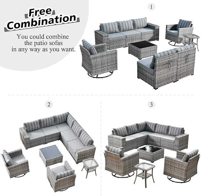 HOOOWOOO Outdoor Patio Sectional Furniture Sofa Set with Swivel Rocking Chairs,9 Piece Modern Wicker Couch with Widened Armrest,Modular Conversation Seating Set for Garden(Grey Strips)