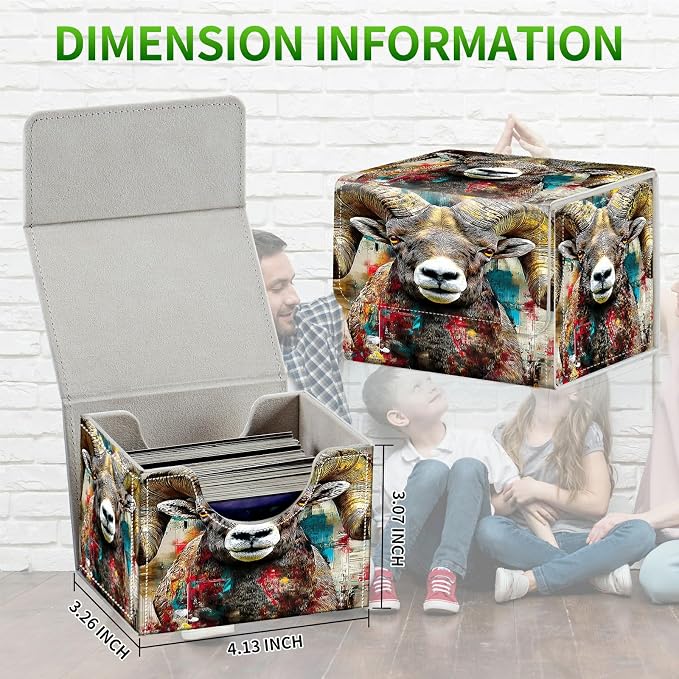 Card Deck Box for MTG, Cards Storage Box Fits 120+ Sleeved, Leather Small Size Strong Magnetic Closing Card Case for Board Games Magic TCG CCG Baseball Collection, Brown Bighorn Sheep