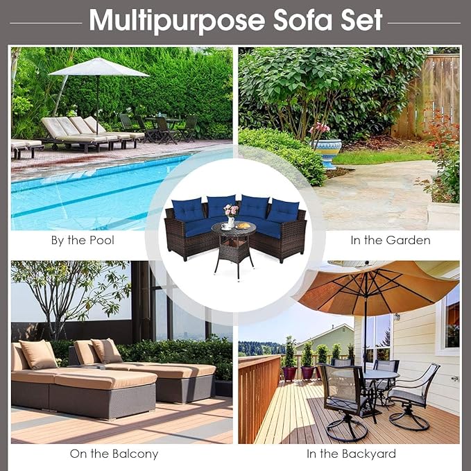 HAPPYGRILL 4 Pieces Rattan Patio Conversation Set, Outdoor Wicker Furniture Set with Cushioned Sofas and Coffee Table, L-Shape Sectional Curved Sofa Set for Garden Poolside Balcony