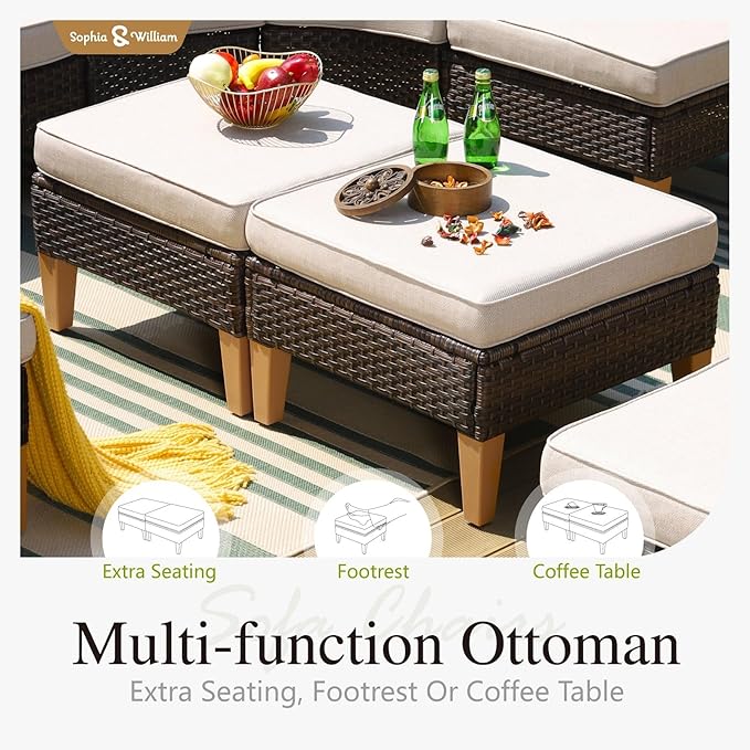 Sophia & William Outdoor Wicker Sectional Sofa Set, Half Moon Curved Patio Furniture Set with Ottman, High Back Patio Rattan Conversation Set for Porch, Garden,Pool(Beige, 10 Piece)