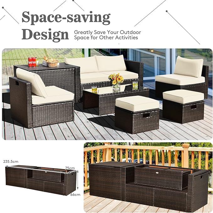 Tangkula 8 Piece Patio Furniture Set, Patiojoy Outdoor Space Saving PE Rattan Sectional Sofa Set for 6 with Waterproof Cover, for Garden, Deck, Poolside and Balcony (Off White)