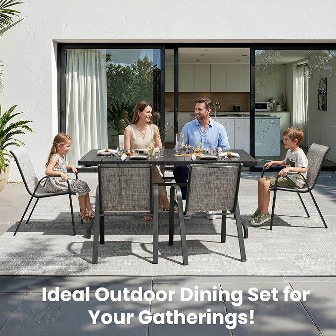 Soohow 7-Piece Outdoor Dining Set, Outdoor Patio Table and Chairs Set, 6 x Stackable Chairs & 1 x Outdoor Table with Umbrella Hole, All-Weather Patio Dining Sets for Poolside, Backyard and Porch