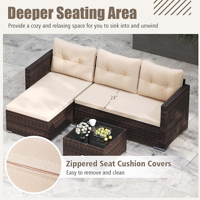 Tangkula L Shaped Outdoor Patio Furniture Set, 4 Seats Wicker Patio Conversation Set with Cushions and Tempered Glass Coffee Table, for Yard, Porch, Garden and Poolside