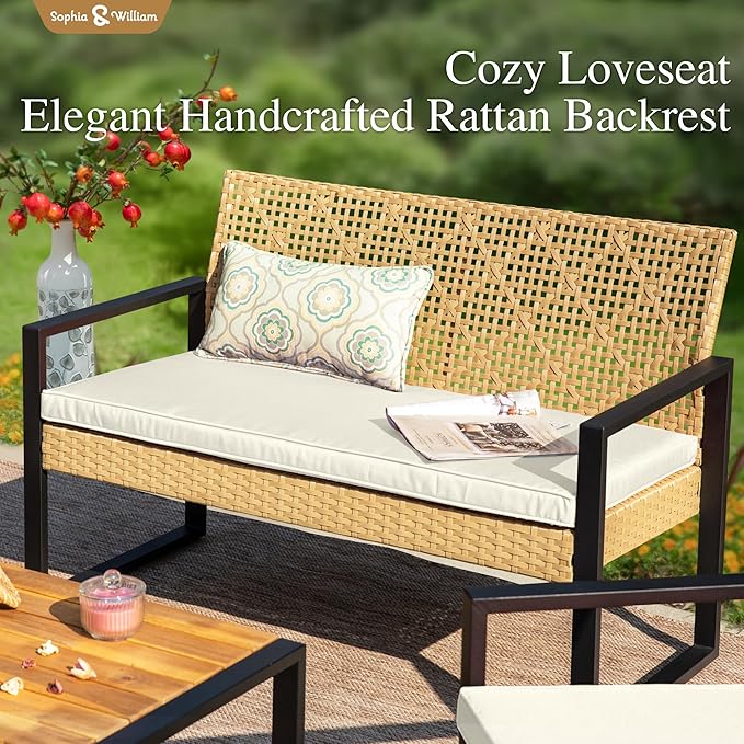 Sophia & William 4 Pieces Patio Conversation Set, Wicker Outdoor Furniture Set for 4, All Weather Outdoor Seating Set, Rattan Loveseat & Chairs with Cushions & Coffee Table，Yellow and Beige
