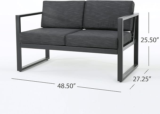 Christopher Knight Home Navan Outdoor 4-Seater Aluminum Chat Set, Silver / Dark Grey Cushions