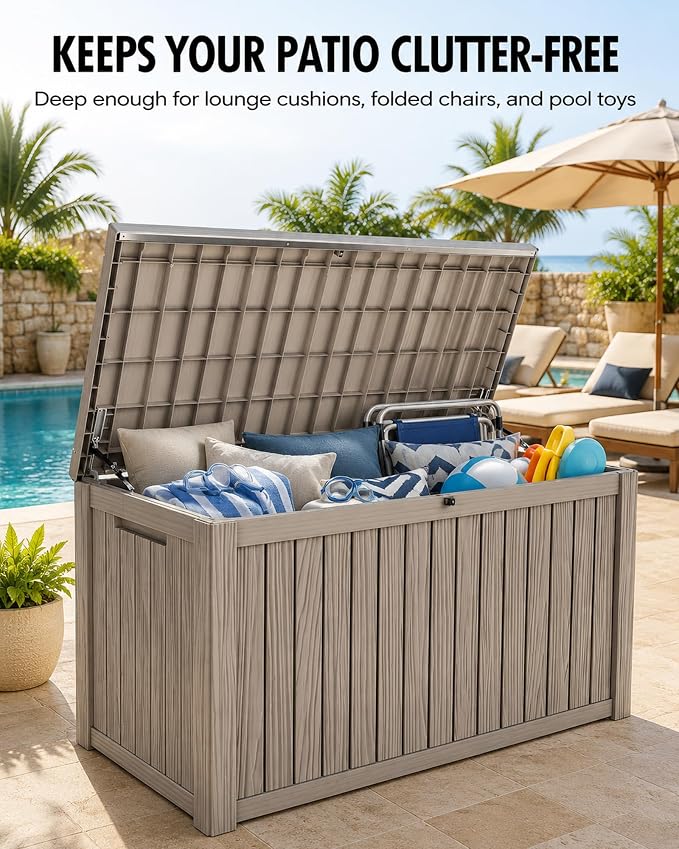 MAKINO 205 Gallon Large Waterproof Deck Box, Heavy Duty Resin Outdoor Storage Box, Outdoor Storage Bench with Hydraulic Rod for Patio/Cushions/Garden Tools/Backyard/Pool Accessories, Grey Brown
