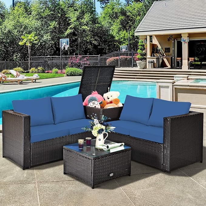Tangkula 4 Piece Wicker Patio Set with Storage, All Weather-Proof Outdoor Conversation Set, with Loveseat, Coffee Table & Storage Box, Suitable for Garden, Poolside, Sunroom (1, Navy Blue)