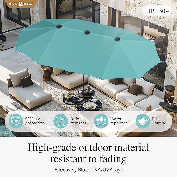 Sophia & William 13ft Outdoor Patio Umbrella for Table, Large Double-sided Umbrella for Garden, Deck, Pool, Turquoise
