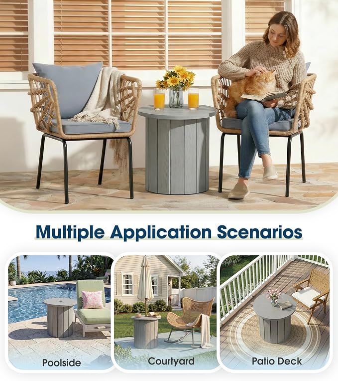 wikiwiki 2-in-1 70Lbs Patio Umbrella Base & Outdoor Side Table with Hole, HDPE Woodgrain Small Outdoor Table Fits 1.5-1.9in Pole for Patio, Deck, Poolside & Garden Use, Gray