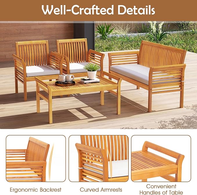 HAPPYGRILL 4 Pieces Acacia Wood Patio Conversation Set, Outdoor Wood Furniture Set with Seat Cushions, Wicker Sofa Chairs & Coffee Table for Garden Poolside Deck (1)