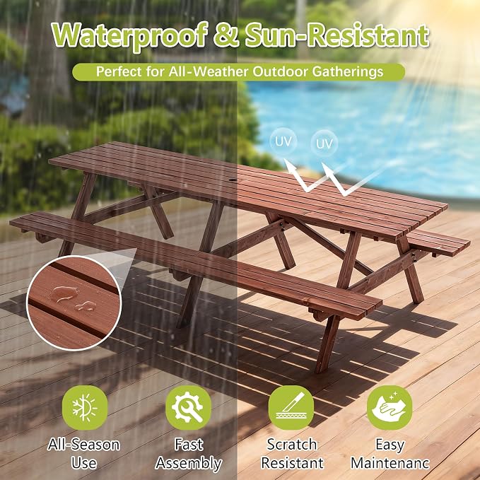 95" Outdoor Wooden Picnic Table with Benches, Dining Table Set with 2-Inch Umbrella Hole, One-Piece Wood Picnic Table for Backyard Garden Patio Party Gathering